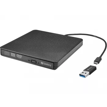Unidad de DVD Sandberg USB-C/A, negra, bandeja, sobremesa/portátil, DVD Super Multi DL, USB Type-C, CD-R, CD-ROM, CD-RW, DVD+R DL, DVD-R, DVD-R DL, DVD-RAM, DVD-ROM, DVD-RW