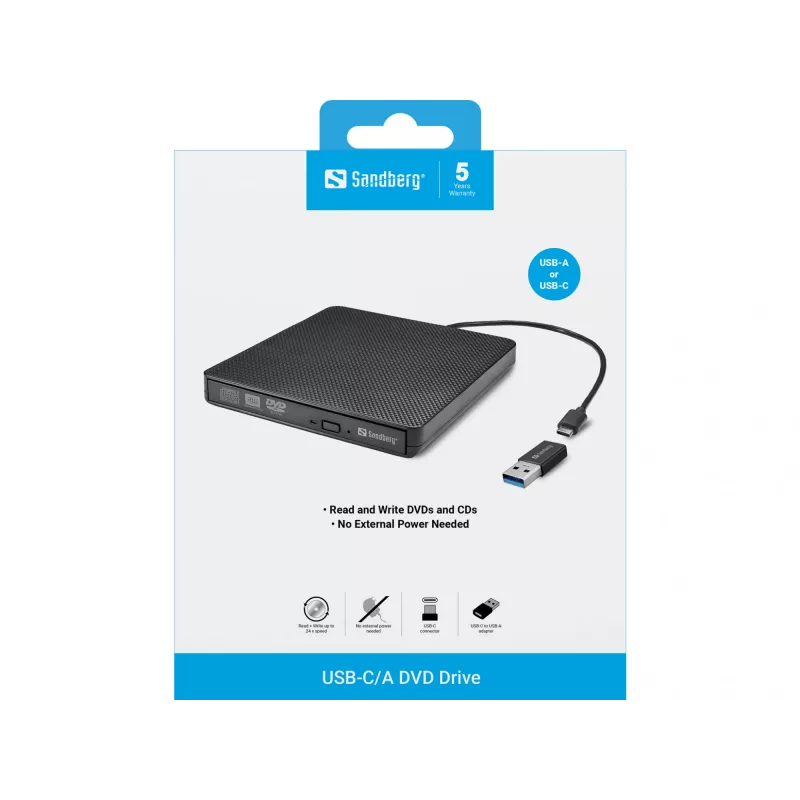 Unidad de DVD Sandberg USB-C/A, negra, bandeja, sobremesa/portátil, DVD Super Multi DL, USB Type-C, CD-R, CD-ROM, CD-RW, DVD+R DL, DVD-R, DVD-R DL, DVD-RAM, DVD-ROM, DVD-RW