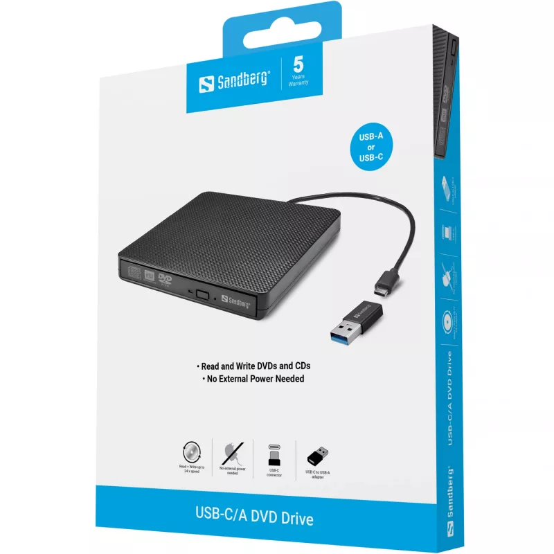 Unidad de DVD Sandberg USB-C/A, negra, bandeja, sobremesa/portátil, DVD Super Multi DL, USB Type-C, CD-R, CD-ROM, CD-RW, DVD+R DL, DVD-R, DVD-R DL, DVD-RAM, DVD-ROM, DVD-RW