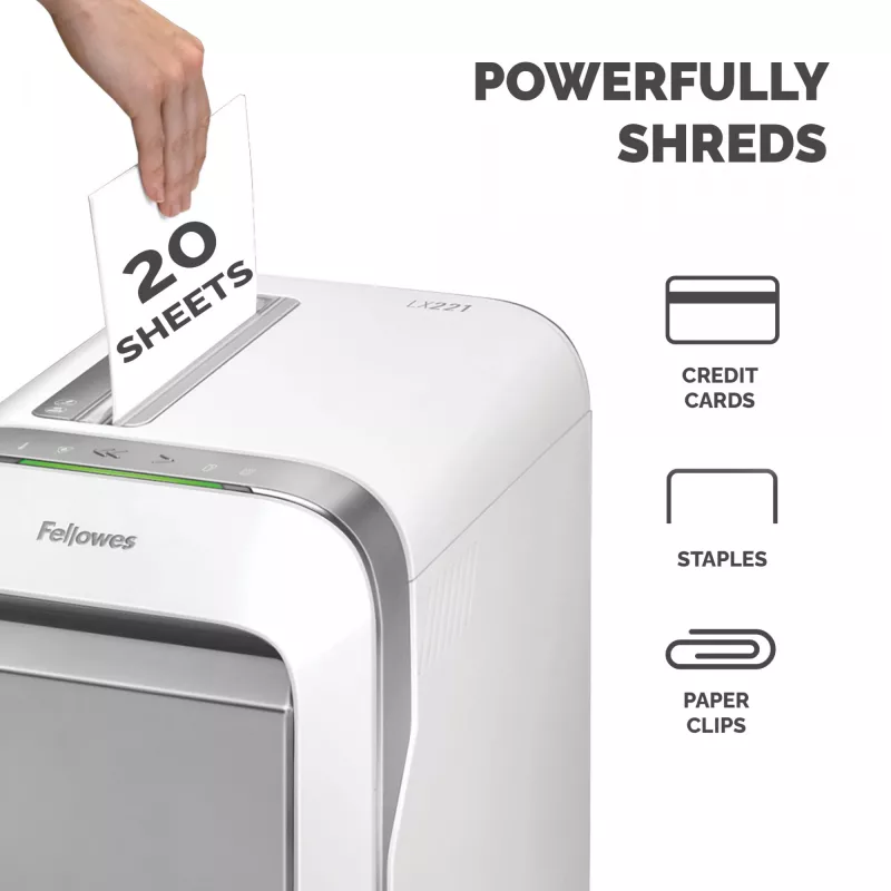 Fellowes serie LX destructora de documentos LX221 20 hojas destructora de microcorte con contenedor extraíble de 30 litros máxima seguridad P5 blanca
