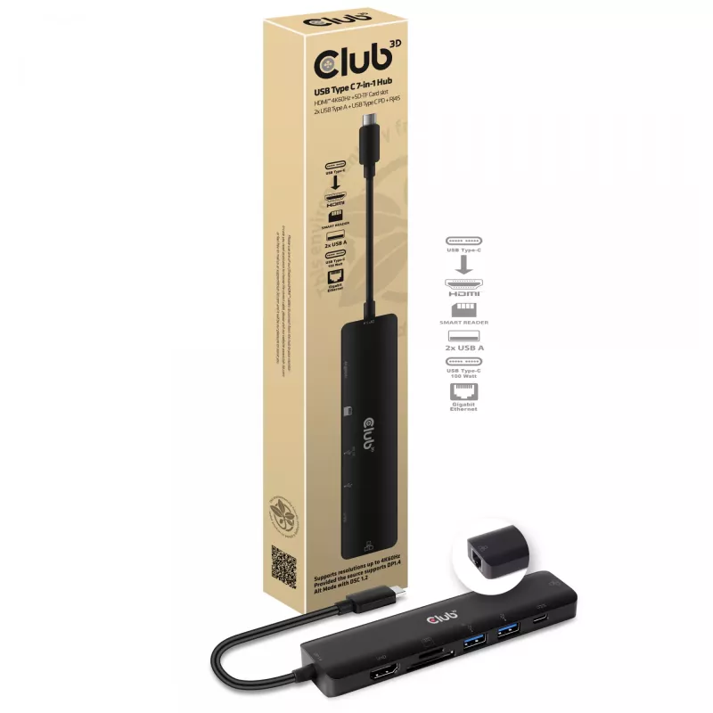 CLUB3D Hub USB-C 7 en 1 HDMI 4K60Hz ranura para tarjetas SD TF 2x USB Type A USB Type C PD RJ45 compatible con Thunderbolt 3