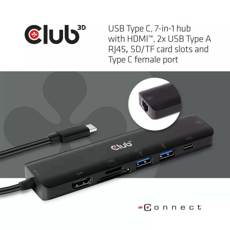 CLUB3D Hub USB-C 7 en 1 HDMI 4K60Hz ranura para tarjetas SD TF 2x USB Type A USB Type C PD RJ45 compatible con Thunderbolt 3