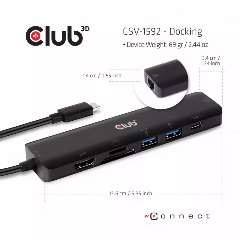 CLUB3D Hub USB-C 7 en 1 HDMI 4K60Hz ranura para tarjetas SD TF 2x USB Type A USB Type C PD RJ45 compatible con Thunderbolt 3
