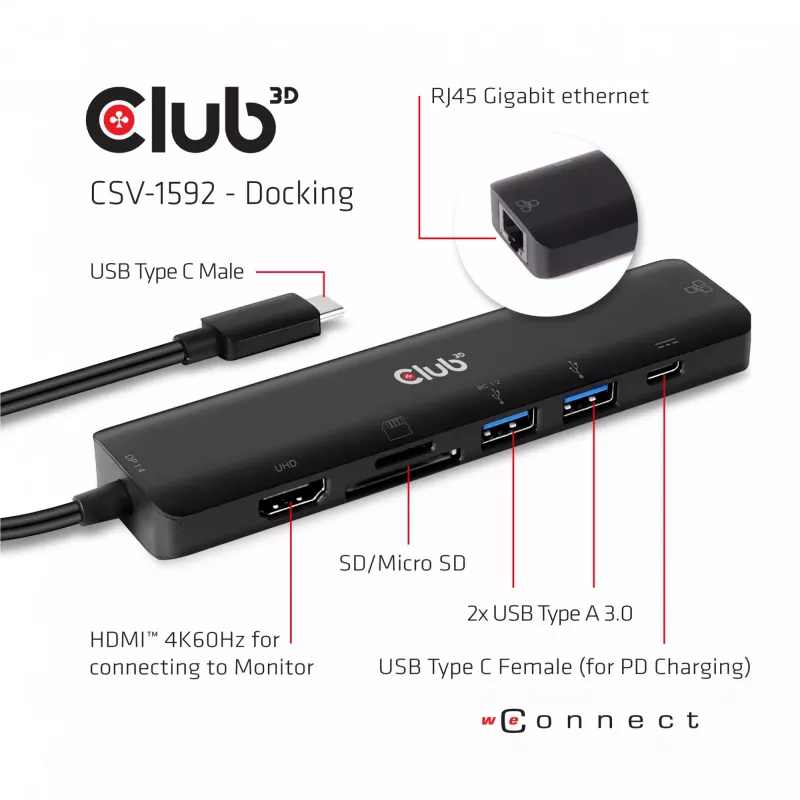 CLUB3D Hub USB-C 7 en 1 HDMI 4K60Hz ranura para tarjetas SD TF 2x USB Type A USB Type C PD RJ45 compatible con Thunderbolt 3