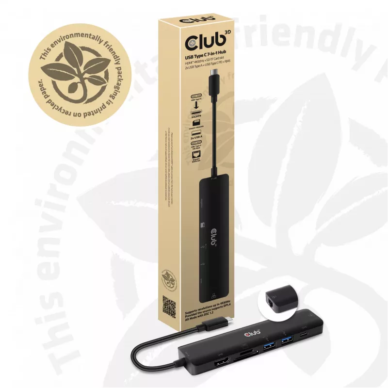CLUB3D Hub USB-C 7 en 1 HDMI 4K60Hz ranura para tarjetas SD TF 2x USB Type A USB Type C PD RJ45 compatible con Thunderbolt 3