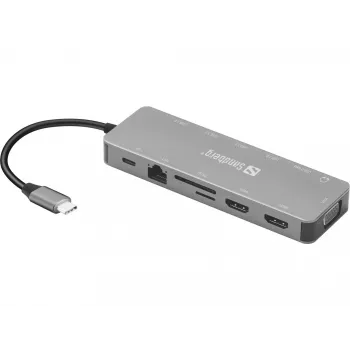 Sandberg USB-C 13 en 1 Travel Dock, USB Type-C, 100 W Power Delivery, Ethernet 1000 Mbit/s