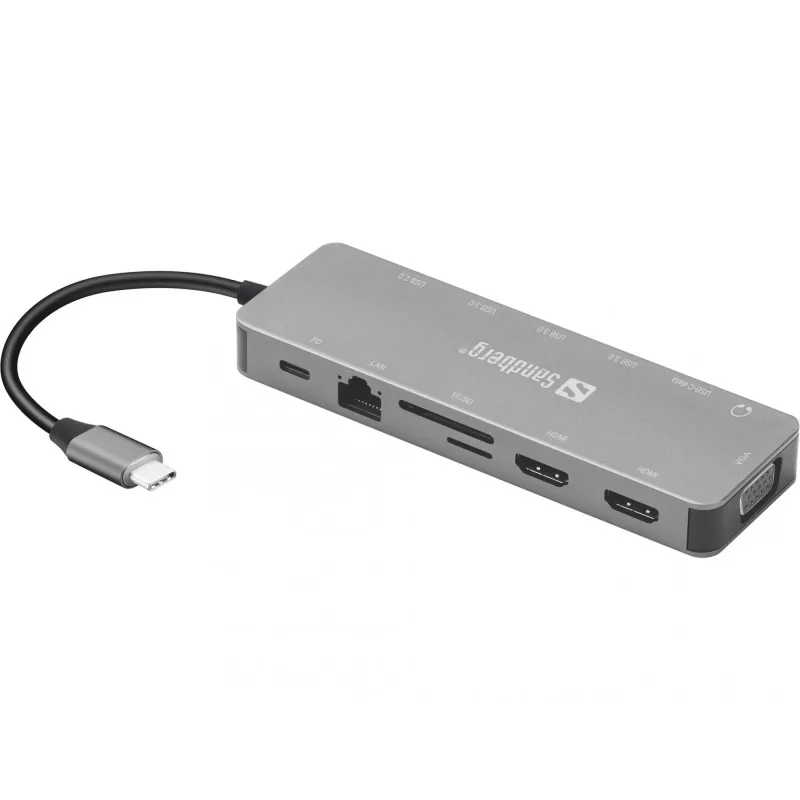 Sandberg USB-C 13 en 1 Travel Dock, USB Type-C, 100 W Power Delivery, Ethernet 1000 Mbit/s