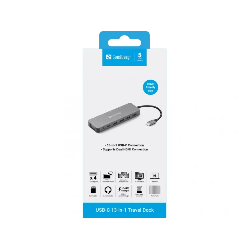 Sandberg USB-C 13 en 1 Travel Dock, USB Type-C, 100 W Power Delivery, Ethernet 1000 Mbit/s