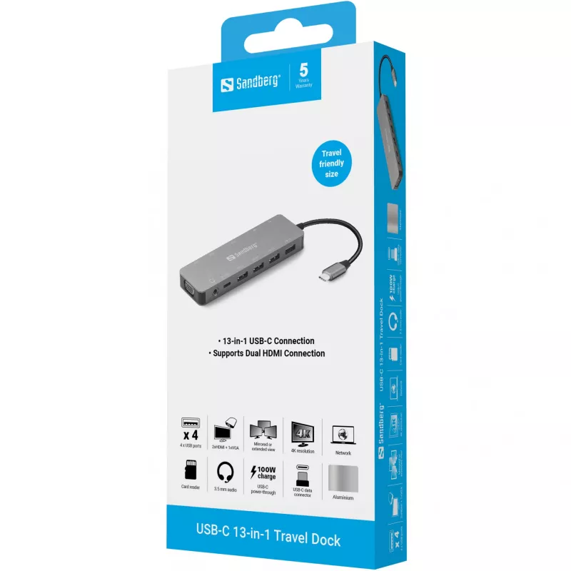 Sandberg USB-C 13 en 1 Travel Dock, USB Type-C, 100 W Power Delivery, Ethernet 1000 Mbit/s