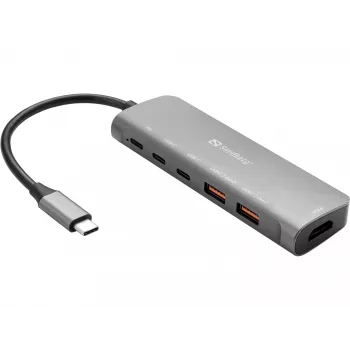 Sandberg USB-C Dock HDMI + 2xUSB-A + 2xUSB-C + PD100W, con cable, USB 3.2 Gen 1 (3.1 Gen 1) Type-C, 100 W, aluminio, 4K Ultra HD, 3840 x 2160 píxeles