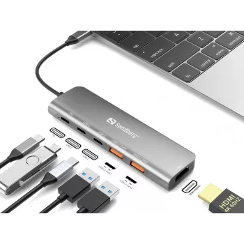 Sandberg USB-C Dock HDMI + 2xUSB-A + 2xUSB-C + PD100W, con cable, USB 3.2 Gen 1 (3.1 Gen 1) Type-C, 100 W, aluminio, 4K Ultra HD, 3840 x 2160 píxeles
