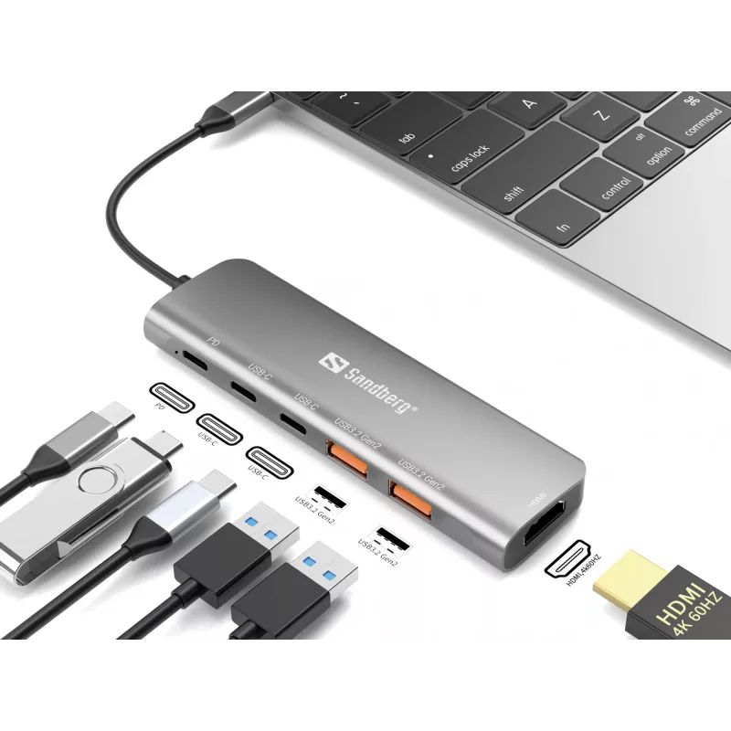Sandberg 136-65 base de conexión USB-C HDMI + 2x USB-A + 2x USB-C + PD 100 W, USB 3.2, 4K 60 Hz, aluminio, plateada