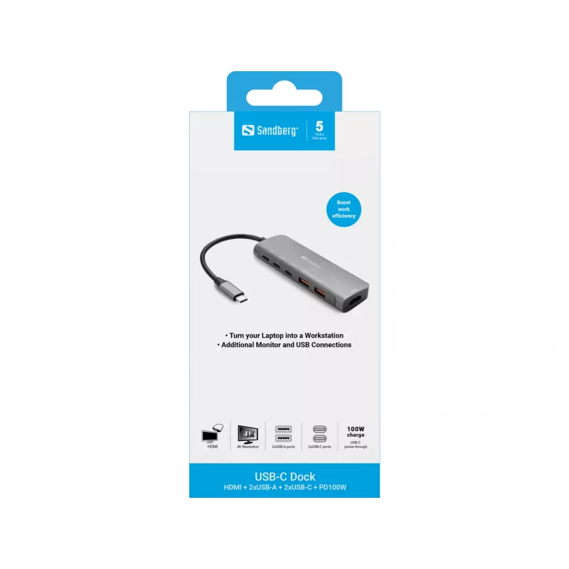 Sandberg 136-65 base de conexión USB-C HDMI + 2x USB-A + 2x USB-C + PD 100 W, USB 3.2, 4K 60 Hz, aluminio, plateada