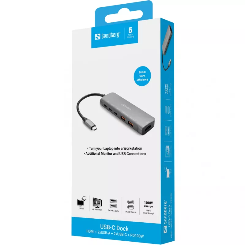 Sandberg 136-65 base de conexión USB-C HDMI + 2x USB-A + 2x USB-C + PD 100 W, USB 3.2, 4K 60 Hz, aluminio, plateada