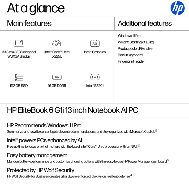 HP EliteBook 6 G1i Intel Core Ultra 5 225U Portátil 33,8 cm (13,3 pulgadas) WUXGA 16 GB DDR5-SDRAM Wi-Fi 7 (802.11be) Windows 11 Pro AI PC Plata