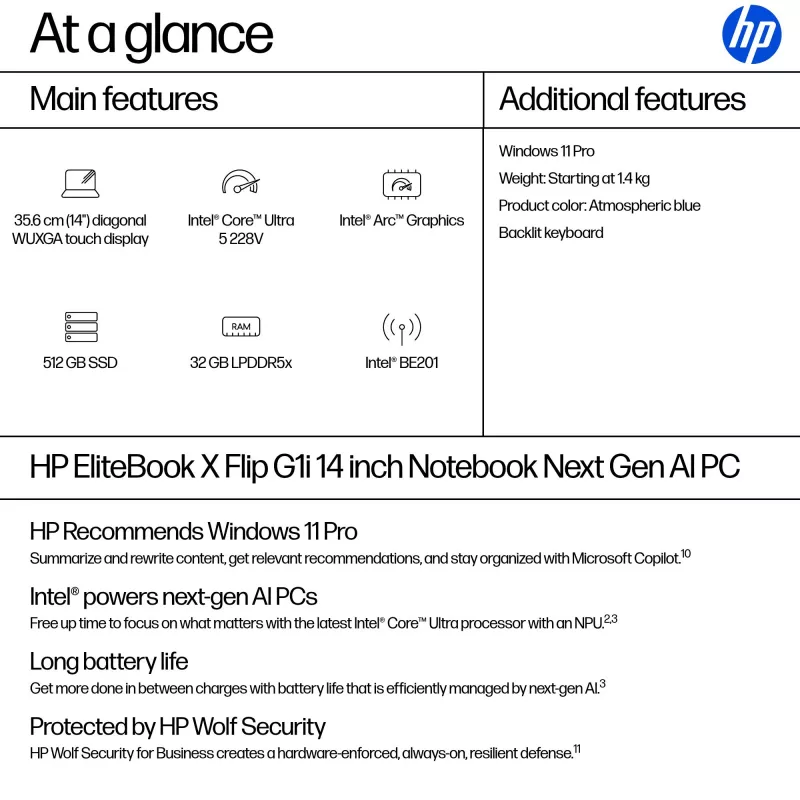 Portátil HP EliteBook X Flip G1i Híbrido 2 en 1 Intel Core Ultra 5 228V 14 pulgadas WUXGA Táctil 32 GB LPDDR5x 512 GB SSD Wi‑Fi 7 Windows 11 Pro Azul