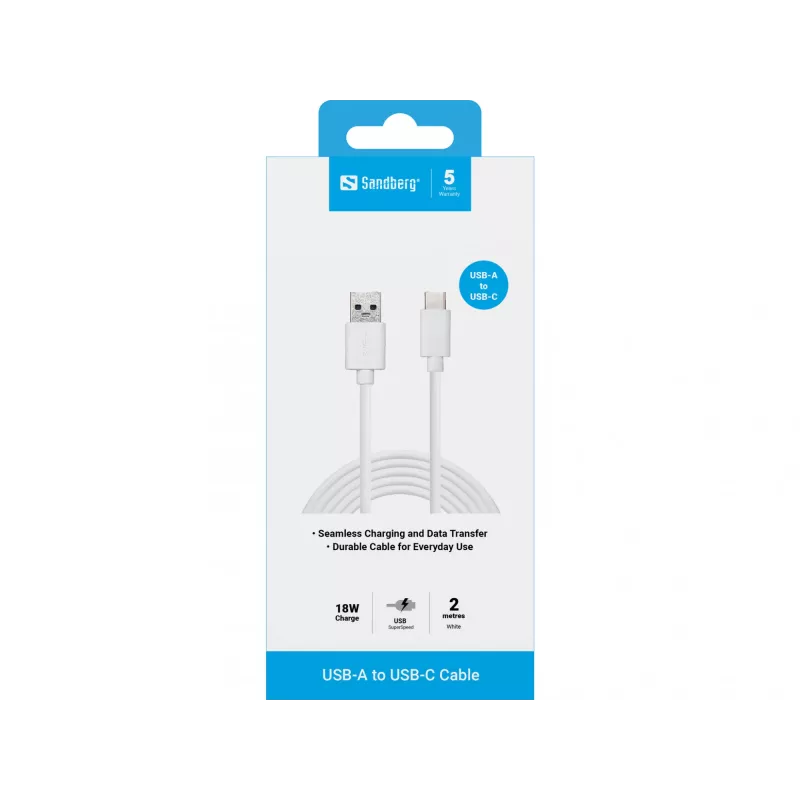 Sandberg 136-14 cable de USB-C 3.1 a USB-A 3.0, 2 m, macho/macho, blanco