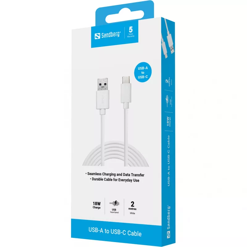 Sandberg 136-14 cable de USB-C 3.1 a USB-A 3.0, 2 m, macho/macho, blanco