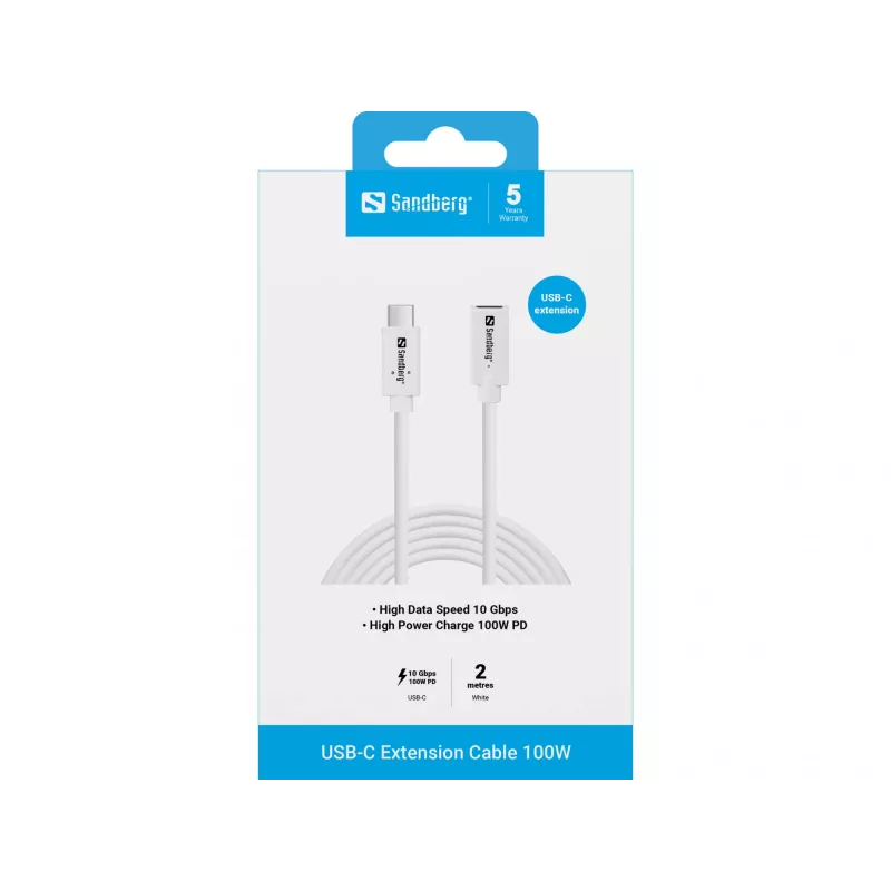 Sandberg 136-55 cable alargador USB-C, macho-hembra, 100 W, 10 Gbps, 2 m, blanco