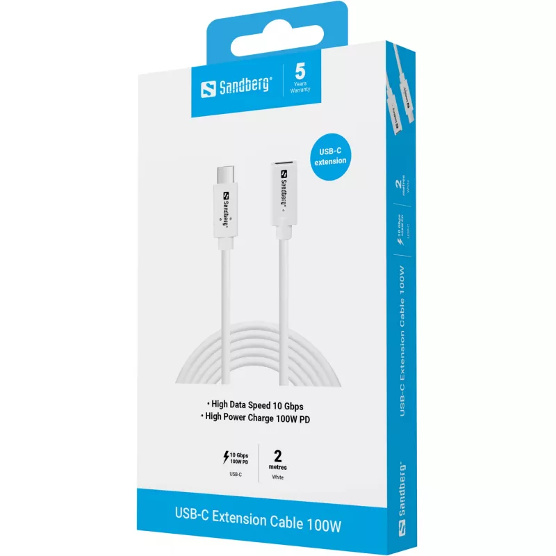Sandberg 136-55 cable alargador USB-C, macho-hembra, 100 W, 10 Gbps, 2 m, blanco