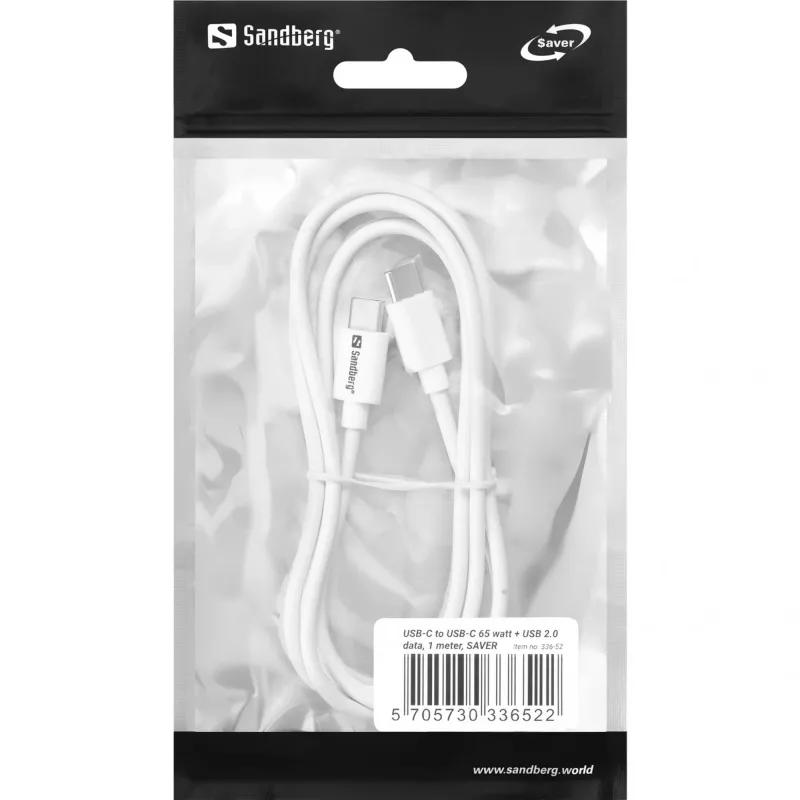Sandberg USB-C USB-C 65W 1M SAVER, 1 m, USB C, USB C, USB 2.0, blanco