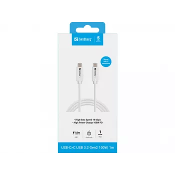 Sandberg USB-CC USB 3.2 Gen2 100W, 1M, 1 m, USB C, USB C, USB 3.2 Gen 2 (3.1 Gen 2), 10 Gbit/s, blanco