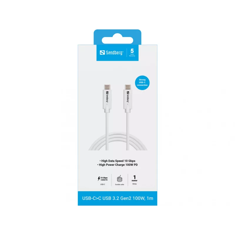 Sandberg USB-CC USB 3.2 Gen2 100W, 1M, 1 m, USB C, USB C, USB 3.2 Gen 2 (3.1 Gen 2), 10 Gbit/s, blanco