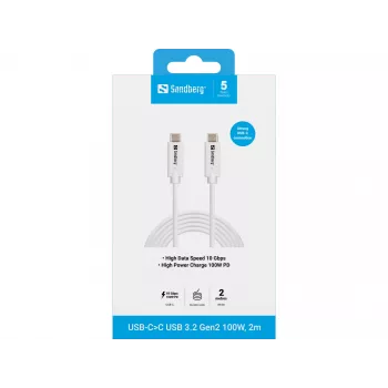 Cable Sandberg USB-C>C USB 3.1 G2 100W 2M blanco