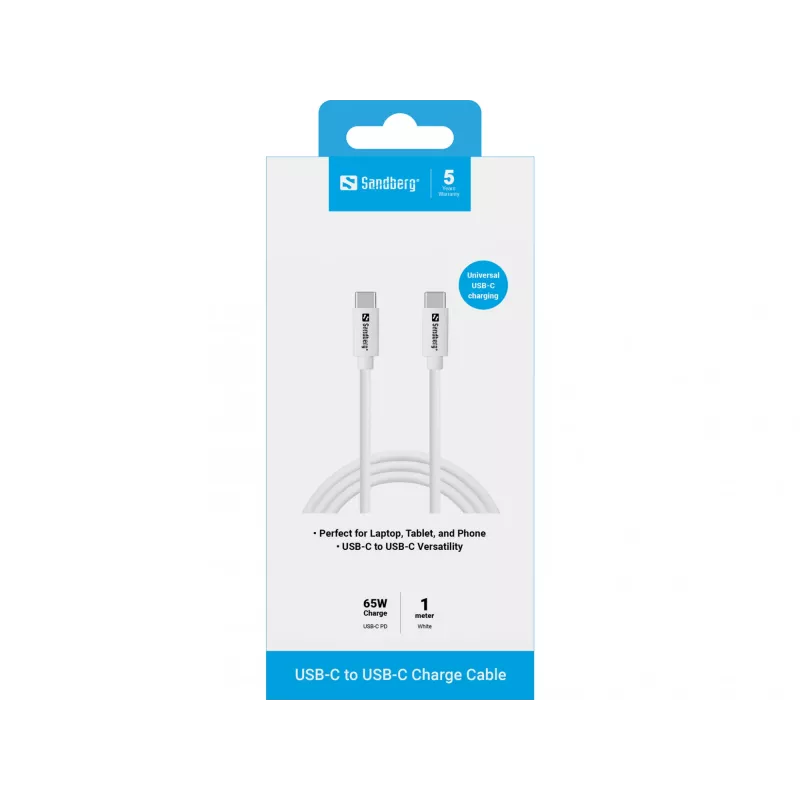 Cable de carga USB-C Sandberg 1M, 65W, 1 m, USB C, USB C, USB 3.2 Gen 1 (3.1 Gen 1), blanco