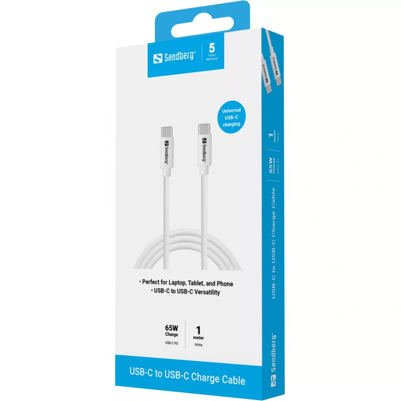 Cable de carga USB-C Sandberg 1M, 65W, 1 m, USB C, USB C, USB 3.2 Gen 1 (3.1 Gen 1), blanco