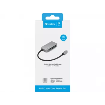 Sandberg USB-C Multi Card Reader Pro, CF, MMC, MicroSD (TransFlash), SD, SDHC, SDXC, xD, negro, USB 3.2 Gen 1 (3.1 Gen 1) Type-C, 1 ud., 82 mm, 23 mm