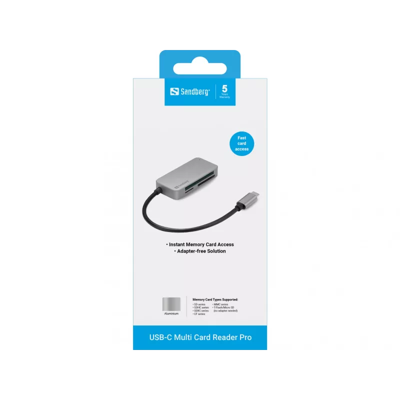 Sandberg USB-C Multi Card Reader Pro, CF, MMC, MicroSD (TransFlash), SD, SDHC, SDXC, xD, negro, USB 3.2 Gen 1 (3.1 Gen 1) Type-C, 1 ud., 82 mm, 23 mm
