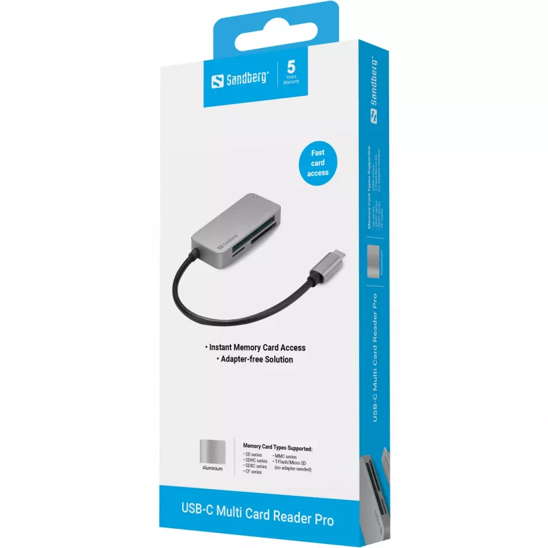 Sandberg USB-C Multi Card Reader Pro, CF, MMC, MicroSD (TransFlash), SD, SDHC, SDXC, xD, negro, USB 3.2 Gen 1 (3.1 Gen 1) Type-C, 1 ud., 82 mm, 23 mm