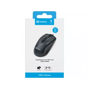 Ratón Sandberg USB-C, ambidiestro, óptico, USB Type-C, 1200 DPI, negro