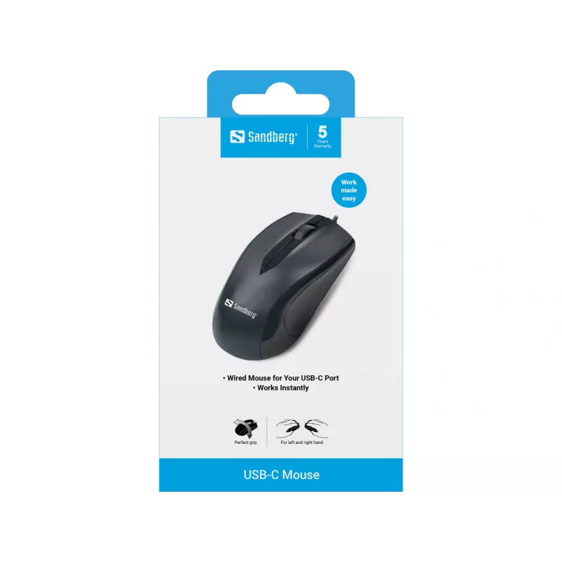 Ratón Sandberg USB-C, ambidiestro, óptico, USB Type-C, 1200 DPI, negro