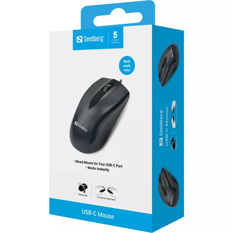 Ratón Sandberg USB-C, ambidiestro, óptico, USB Type-C, 1200 DPI, negro