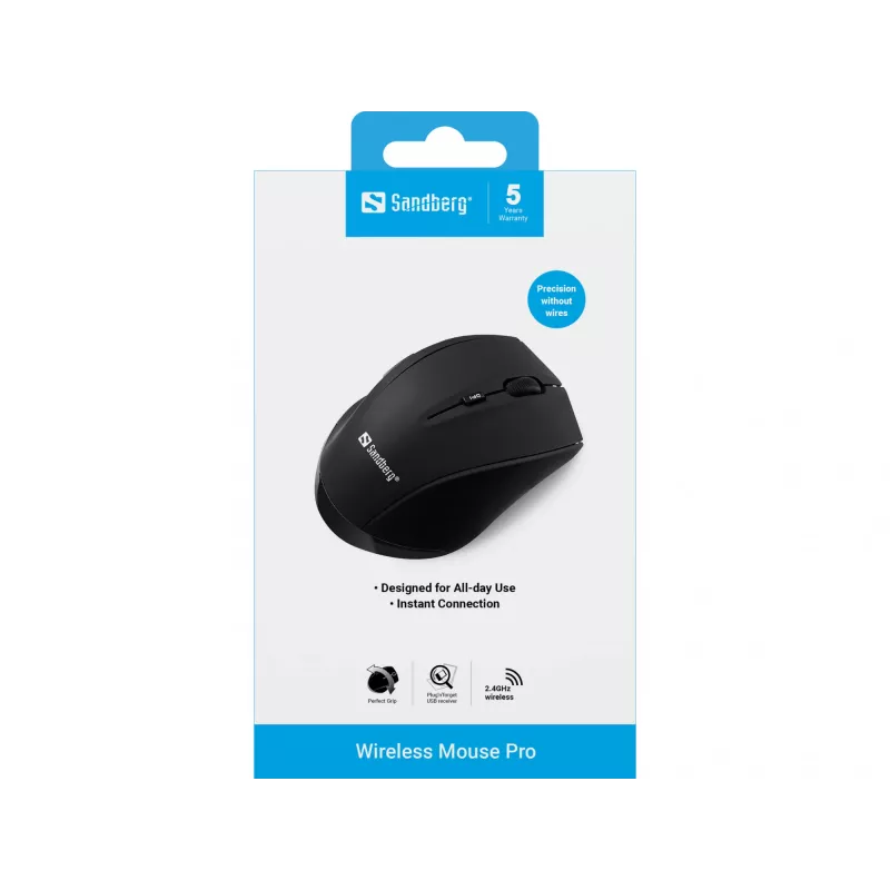 Ratón inalámbrico Sandberg Wireless Mouse Pro, diestro, óptico, RF Wireless, 1600 DPI, negro