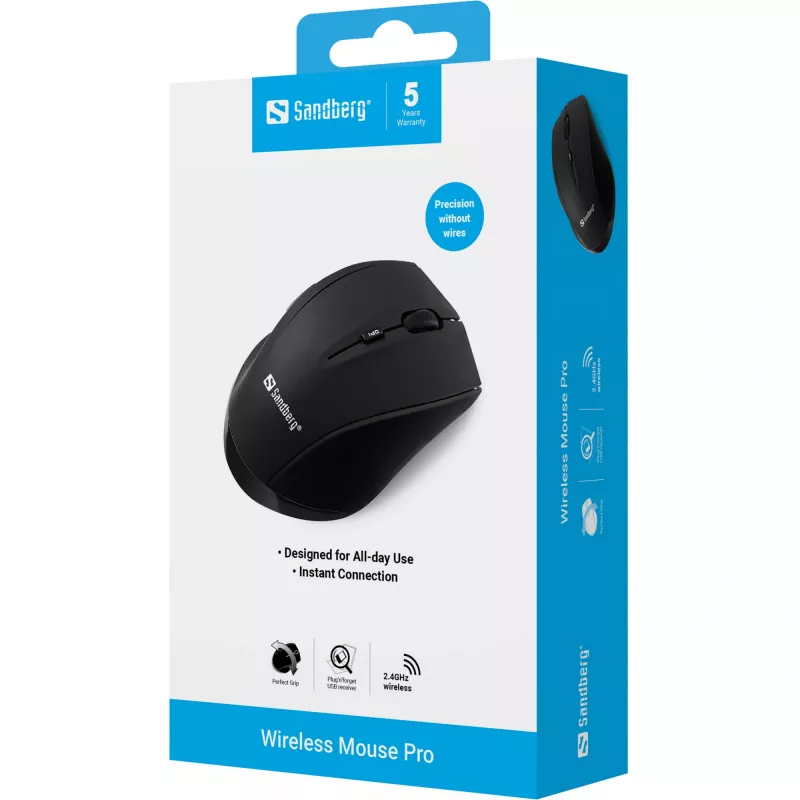 Ratón inalámbrico Sandberg Wireless Mouse Pro, diestro, óptico, RF Wireless, 1600 DPI, negro