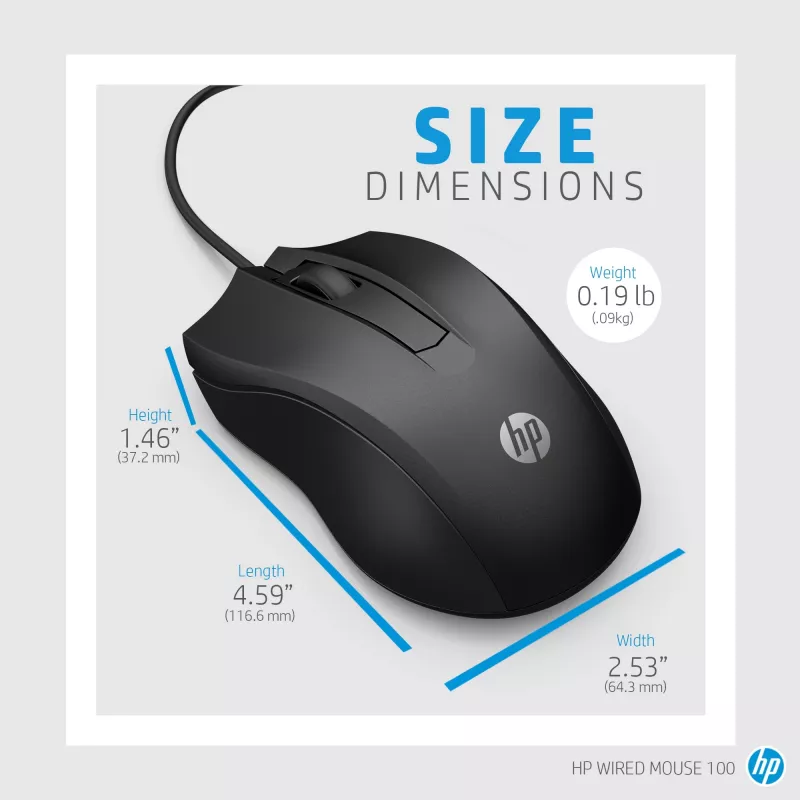 Ratón HP con cable 100, ambidiestro, óptico, USB Type-A, 1600 DPI, negro