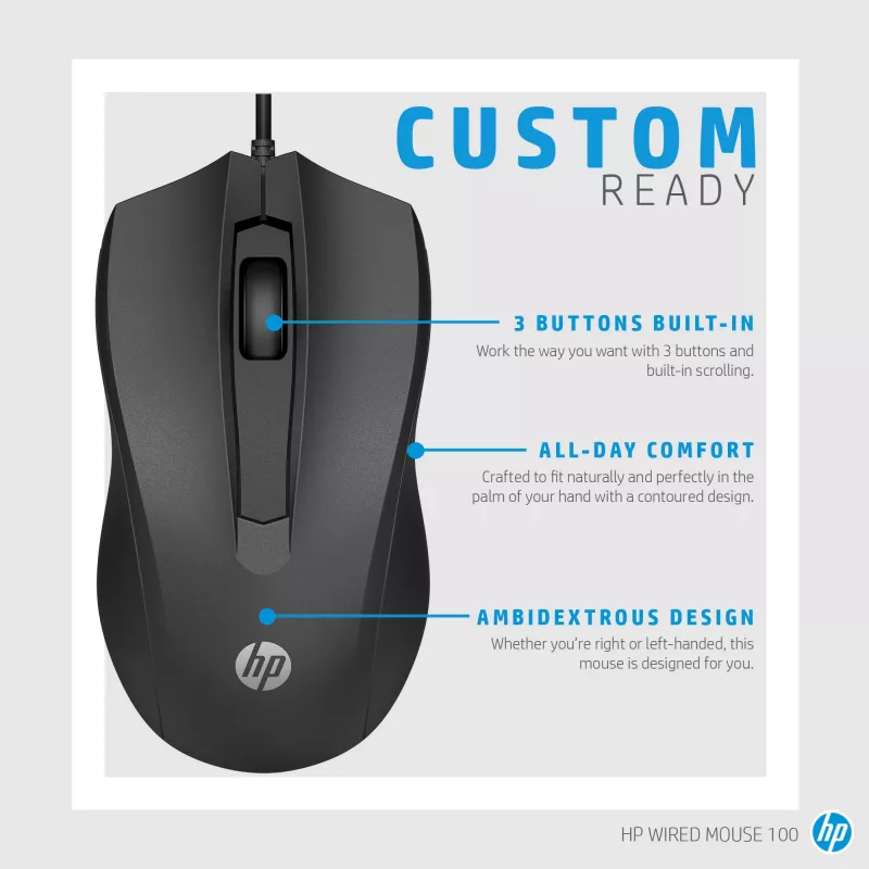 Ratón HP con cable 100, ambidiestro, óptico, USB Type-A, 1600 DPI, negro