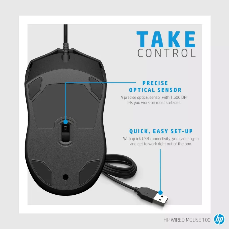 Ratón HP con cable 100, ambidiestro, óptico, USB Type-A, 1600 DPI, negro