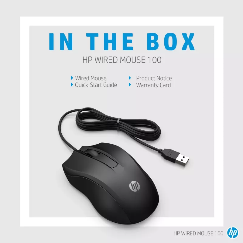 Ratón HP con cable 100, ambidiestro, óptico, USB Type-A, 1600 DPI, negro