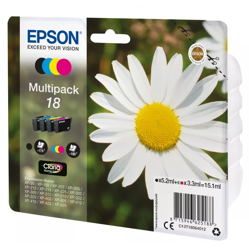 Epson 18 C13T18064022 Claria Home Ink multipack de cartuchos de tinta, 4 uds., 15,1 ml, negro/cian/magenta/amarillo
