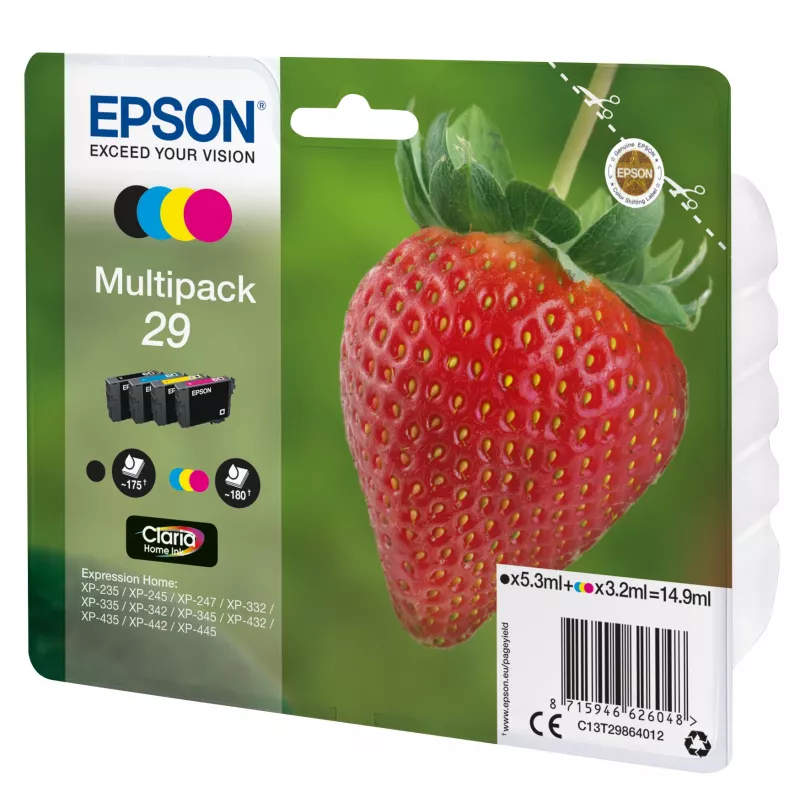 Epson Strawberry multipack 4 colores 29 tinta Claria Home, negro, cian, magenta, amarillo, 5,3 ml, 3,2 ml, 1 ud., 175 páginas, multipack