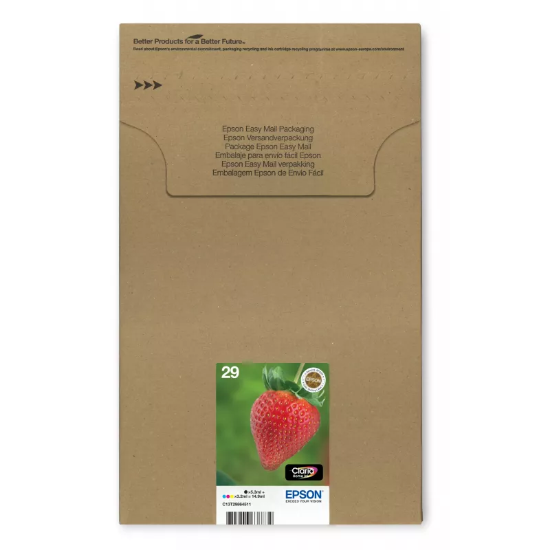 Epson Strawberry multipack 4 colores 29 EasyMail, rendimiento estándar, negro, cian, magenta, amarillo, 5,3 ml, 3,2 ml, 1 ud., multipack