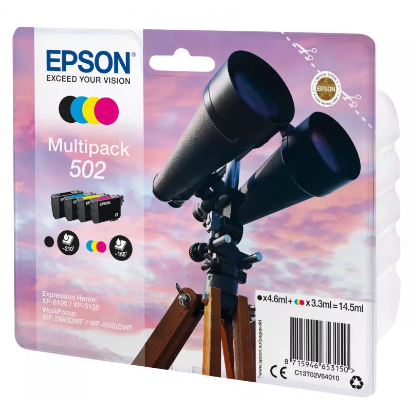 Epson multipack 4 colores 502 tinta, capacidad estándar, negro, cian, magenta, amarillo, 4,6 ml, 3,3 ml, 1 ud., 210 páginas