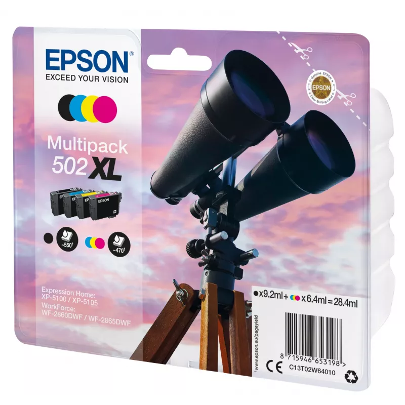 Epson 502XL C13T02W64020 Claria Home Ink multipack de cartuchos de tinta, 4 uds., XL, 28,4 ml, negro/cian/magenta/amarillo, hasta 550 (negro) / 470 (color) páginas