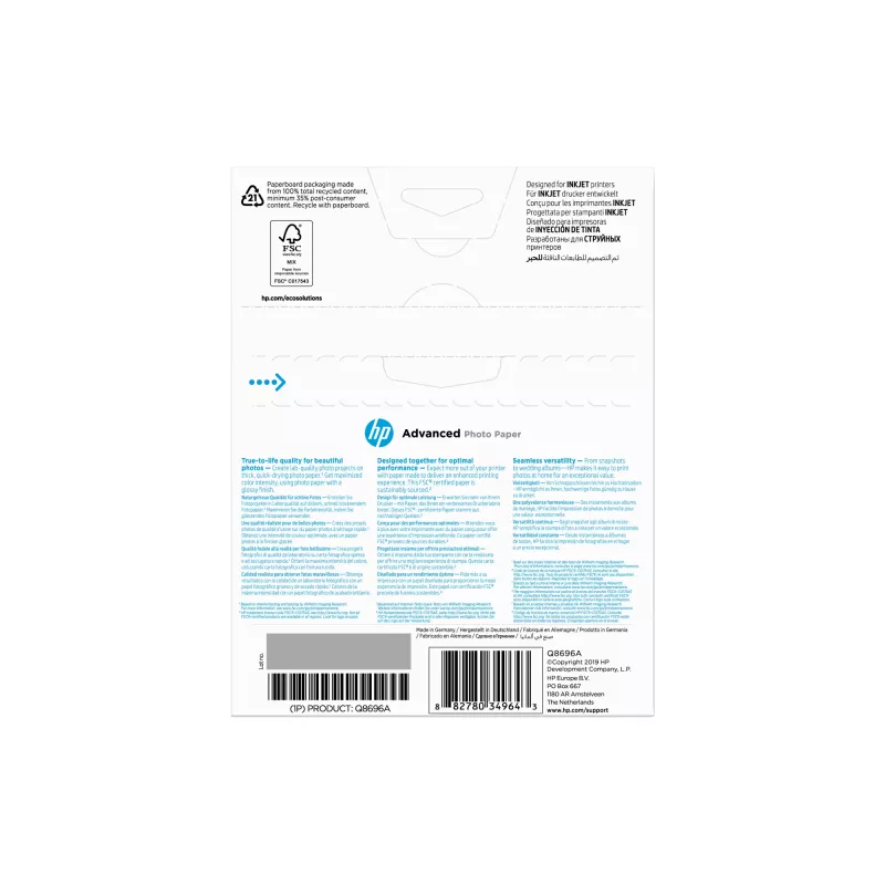 HP Q8696A Advanced Glossy papel fotográfico brillante sin bordes, 250 g/m², 13 x 18 cm (130 x 180 mm), 25 hojas