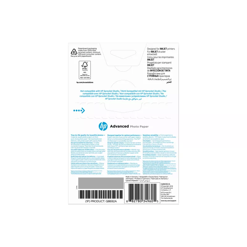 HP Advanced Photo Paper Glossy 250 g/m2 10 x 15 cm (101 x 152 mm) 100 hojas