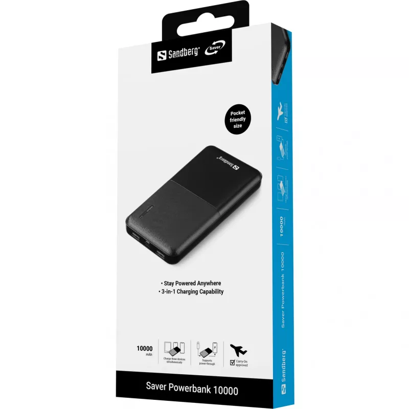 Batería externa Sandberg Saver Powerbank 10000, 10000 mAh, polímero de litio (LiPo), negro